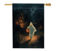 Drapeaux vintage d'Halloween fantômes de maison 71,1 x 101,6 cm double face, ville effrayante effrayante standard en toile de jute, drapeaux fantômes de jardin pour décoration extérieure