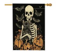 Drapeaux vintage d'Halloween pour maison de chien bouledogue français, 71,1 x 101,6 cm pour l'extérieur, tête de mort effrayant, chiot gothique standard, drapeaux verticaux en lin, squelette avant