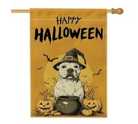 Drapeaux vintage d'Halloween pour maison de chien Pitbull 71,1 x 101,6 cm double face pour extérieur, chaudron de sorcière, chiot en lin vertical, drapeau imprimé rétro pour cour