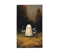 Drapeaux vintage esthétiques avec motif fantôme mignon dans un champ ouvert, 91 x 152 cm, bannière de vœux avec œillets, décoration d'intérieur ou d'extérieur