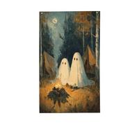 Drapeaux vintage fantômes camping in the woods yard maison, bannière de vœux avec œillets, décoration d'intérieur et d'extérieur