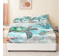 Draps de lit et draps-Housses imprimés 160 x 200 cm Illustration sous-Marine Vintage Parure de Lit Microfibre Bleu 3D Motif Imprimé Housse de protège Matelas avec 2xTaies d'oreiller