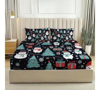 Draps-Housses 140 x 190 Housse Doux et Respirant Bonhomme de Neige Cadeaux de Noël Sapin Parure de lit imprimée pour Enfants et Adolescents Drap Bleu foncé Rouge