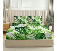 Draps-Housses 140 x 190 Housse Doux et Respirant Feuilles de Palmier Monstera Tropical Parure de lit imprimée pour Enfants et Adolescents Drap Vert Blanc