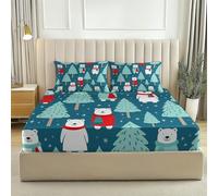 Draps-Housses 140 x 190 Housse Doux et Respirant Sapin de Noël Ours Polaire Parure de lit imprimée pour Enfants et Adolescents Drap Bleu Rouge