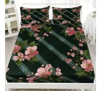 Draps Housses 140x190 cm Poche Profonde de 30 cm pour 2 Personnes, Plaid Floral RéTro Parure de Lit 3 pièces Microfibre Extra Doux, Vert Résistant Décoloration Drap Housse