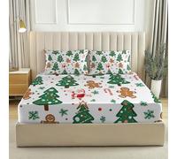 Draps-Housses 160 x 200 Housse Doux et Respirant Bonhomme en Pain d'épices de Noël Sapin de Noël Parure de lit imprimée pour Enfants et Adolescents Drap Vert Rouge