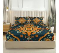 Draps-Housses 160 x 200 Housse Doux et Respirant Floral de Damas européen Parure de lit imprimée pour Enfants et Adolescents Drap Bleu-Vert Orange