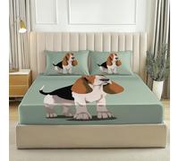 Draps-Housses 160 x 200 Housse Doux et Respirant Illustration Chien Basset Hound Parure de lit imprimée pour Enfants et Adolescents Drap Vert Marron