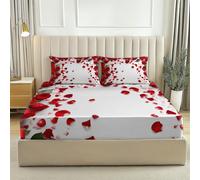 Draps-Housses 160 x 200 Housse Doux et Respirant Pétales de Roses Romance Parure de lit imprimée pour Enfants et Adolescents Drap Rouge Blanc