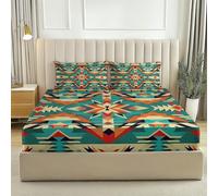 Draps-Housses 160 x 200 Housse Doux et Respirant Style Ethnique géométrique bohème Parure de lit imprimée pour Enfants et Adolescents Drap Bleu Orange
