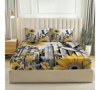Draps-Housses 160 x 200 Housse Doux et Respirant Tournesols de la Ville Oiseaux Volants Parure de lit imprimée pour Enfants et Adolescents Drap Jaune Gris