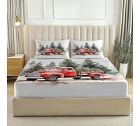 Draps-Housses 180 x 200 Housse Doux et Respirant Arbre de Noël en Forme de Camion Parure de lit imprimée pour Enfants et Adolescents Drap Rouge Vert