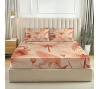 Draps-Housses 180 x 200 Housse Doux et Respirant Art Libellule Fleurs Parure de lit imprimée pour Enfants et Adolescents Drap Beige orangé