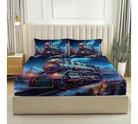 Draps-Housses 180 x 200 Housse Doux et Respirant Train Fantastique de Noël Parure de lit imprimée pour Enfants et Adolescents Drap Bleu Violet