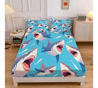 Draps Housses 180X200Cm Poche De 30 Cm pour 3 Personnes, Thème Requin Animal De Dessin Animé Parure De Lit 3 Pièces Microfibre Brossé Doux, Bleu Royal Résistant Confortable Drap Housse