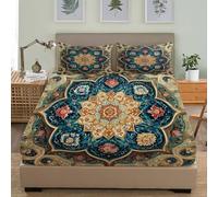 Draps Housses 200x200 cm Poche Profonde de 30 cm pour 2 Personnes, Style Mandala BohèMe Parure de Lit 3 pièces Microfibre Brossé Extra Doux, Beige Résistant Décoloration Drap Housse