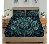 Draps Housses 200x200 cm Poche Profonde de 30 cm pour 2 Personnes, Style Mandala BohèMe Parure de Lit 3 pièces Microfibre Brossé Extra Doux, éMeraude Résistant Décoloration Drap Housse