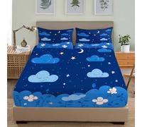 Draps Housses 80x160 cm Poche Profonde de 30 cm pour 1 Personnes, Nuages du Ciel éToilé des Enfants Parure de Lit 3 pièces Microfibre Brossé Extra Doux, Bleu Résistant Décoloration Drap Housse