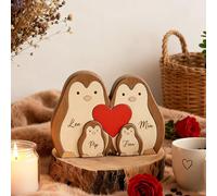 Drawelry Personnalisé 3D Bois Animale Sculpture Puzzle Ornements avec Famille Nom Gravure Lion Ours Figurine Statue Maison Décoration, Anniversaire Noël Cadeau pour Papa Maman Enfants (Manchot)