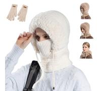 Drbrrly Bonnet 3 en 1 Femme, Bonnet 3 en 1 avec Écharpe et Masque, Bonnets Tricoté d'hiver Entièrement Couvrant, Cagoule Chaude et Coupe-vent, Idéale au quotidien et en Extérieur (Blanc)