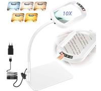 Drdefi 10X Rectangulaire Lampe Loupe sur Pied, LED Lampe de Bureau Loupe Eclairante, 5 Modes de Couleur, Intensité Variable en Continu, Loupe Flexible à Col de Cygne pour Lecture Réparation Blanc