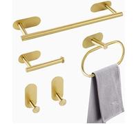 DRE-Kit Salle de Bain 5 Pièces - Accessoires en Acier Inoxydable SUS304, Barres et Anneaux Porte-Serviette Dorés sans Perçage