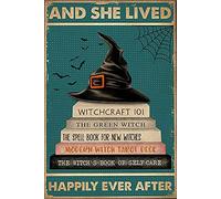 Dreacoss Plaque en métal rétro et « She Lived Happily Ever After », « Wicked Witch Reading Book » - Plaque en métal pour maison, salon, cuisine, café, bar - Décoration murale vintage - 20,3 x 30,5 cm