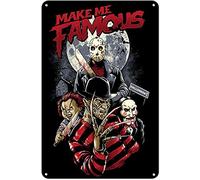 Dreacoss Plaque murale en métal rétro avec inscription "Make Me Famous" - Personnages de films d'horreur classiques - Décoration murale d'Halloween - Décoration murale vintage pour la maison, la rue
