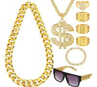 Dreaku 8 Pièces Accessoires de Rappeur 80/90, Hip Hop Noires Lunettes Soleil/Collier Pendentif Dollar/Bague Dollar/Bracelet en/épaisse Collier/3 Bagues Brillantes