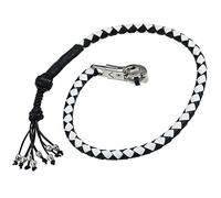 Dream Apparel Fouet de motard en cuir véritable de 106,7 cm pour guidon, fouet de moto avec franges et crânes, noir et blanc