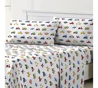 dream FACTORY Parure de lit pour Enfant en Microfibre légère, Super Douce, Facile à Laver, Confortable avec Poche de 25,4 cm, lit jumeau, camions, tracteurs, Voitures Bleues