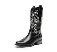 DREAM PAIRS Bottes de cowboy à bout carré pour femme - À enfiler - Talon bas et épais - Bottes western mi-mollet avec coutures brodées pour fête à thème, concert de campagne, Noir 1, 38 EU