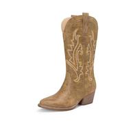 DREAM PAIRS Bottes de cowboy brodées à bout pointu et à talon bas pour femme, bottes mi-mollet western pour fête à thème, concert de campagne, peau, 39.5 EU