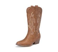 DREAM PAIRS Bottes de cowboy brodées à bout pointu et à talon bas pour femme, bottes mi-mollet western pour fête à thème, concert de campagne, marron, 38 EU