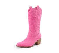 DREAM PAIRS Bottes de cowboy pour femme, bout carré, broderie, bottes de cowgirl cousues, bottes western à talon épais pour femme, Nubuck rose, 40 EU