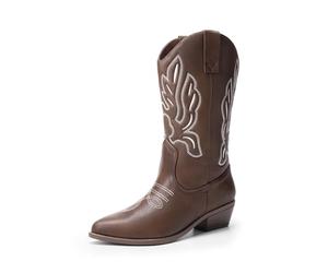 DREAM PAIRS Bottes Femme Classique Bottes Western pour Femmes Confortable Bottines Elégantes,Size 37,Marron-PU,DWUMMB2419