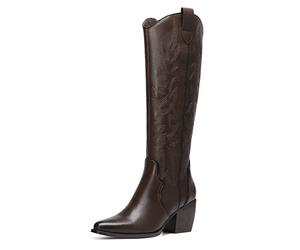 DREAM PAIRS Bottes Femme Elégantes avec Talon Haut Botte de Cow-Boy Western avec Eclair Latérale Cuissarde Confortable,Size 41.5,Marron/PU,SDKB224W