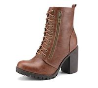 DREAM PAIRS Bottines Combat Femme, Bottine à Talon Modéré avec Fermeture Éclair Latérale et Lacet Ajustable,Size 38,Bronzer,SILVERADO