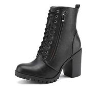 DREAM PAIRS Bottines Combat Femme, Bottine à Talon Modéré avec Fermeture Éclair Latérale et Lacet Ajustable,Size 40.5,Noir,SILVERADO