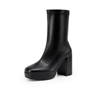 DREAM PAIRS Bottines Gogo mi-mollet pour femme avec talon haut et épais et bout carré, Polyuréthane noir., 41 EU