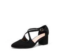 DREAM PAIRS Escarpins à talons épais pour femme - Bout pointu - Confortables - Sangle croisée - Talon bloc - Pour fête, danse, mariage, Daim noir, 37.5 EU
