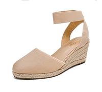 DREAM PAIRS Sandales Compensées pour Femmes Bout Ouvert Bride à la Cheville Espadrilles Sandale à Talon Compensé Été Classique Nude Amanda-1 Taille 38.5