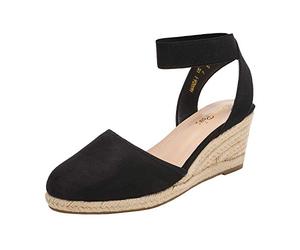 DREAM PAIRS Sandales Compensées pour Femmes Bout Ouvert Bride à la Cheville Espadrilles Sandale à Talon Compensé Été Classique Noir Amanda-1 Taille 38.5