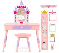DREAMADE 2 en 1 Coiffeuse Enfant Fille 3+Ans avec Tabouret&Miroir Amovible Table de Maquillage Enfant Château avec 3 Paniers,Règle Graduée Pliable Ensemble de Vanité Princess Charge 30+50 KG