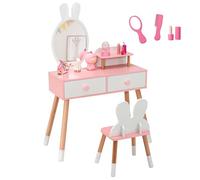 DREAMADE 2 en 1 Coiffeuse Enfant Fille avec Miroir Amovible&Tabouret Table de Maquillage Enfant 3+ Ans,Pieds en Bois,2 Tiroirs,Coiffeuse Princess Tout-Petits Charge 50 KG(Lapin Blanc)
