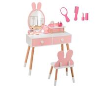 DREAMADE 2 en 1 Coiffeuse Enfant Fille avec Miroir Amovible&Tabouret Table de Maquillage Enfant 3+ Ans,Pieds en Bois,2 Tiroirs,Coiffeuse Princess Tout-Petits Charge 50 KG(Lapin Rose)