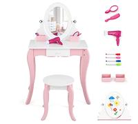 DREAMADE 2 en 1 Coiffeuse Enfant Fille avec Miroir Rotatif&Tabouret Table de Maquillage Enfant 3+ Ans avec Tableau Blanc,Accessoires Ensemble de Vanité Princess Tout-Petits Charge 30+50 KG