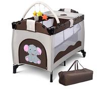 DREAMADE 2 en 1 Lit Parapluie Bébé 125x66x84CM avec Matelas,Lit de Voyage à 2 Niveaux Tout-Petites 0-3Ans avec Table à Lange,Jouet,2 Roues,Charge 15KG (Brun)