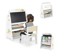 DREAMADE 4 en 1 Chevalet d'art pour Enfants 3+ Ans avec Tabouret, Tableau Effaçable à Sec Magnétique Double Face, Porte-Livre Multi Niveaux (Gris)